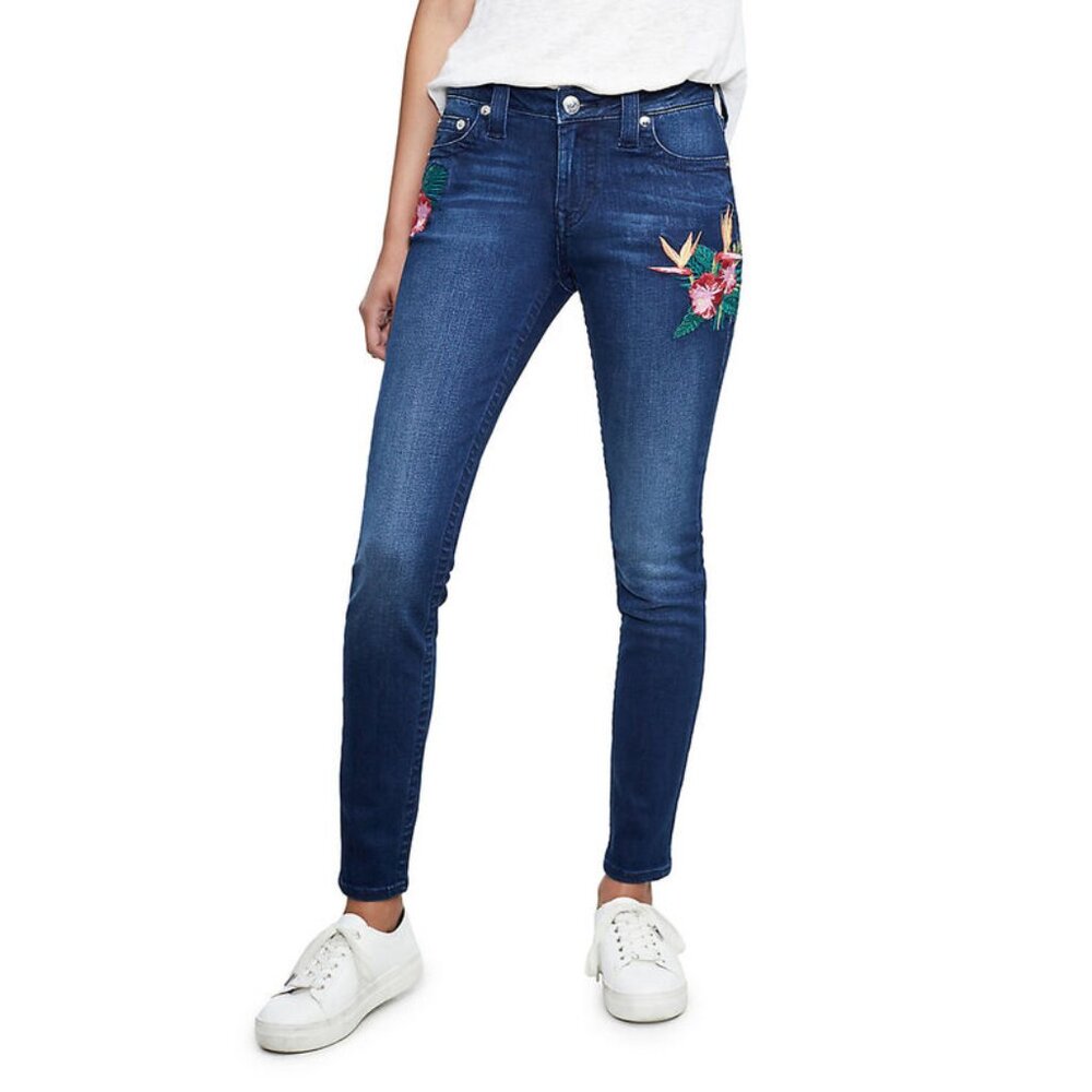 🌺 True Religion Paradise Falls Embroidered Floral Skinny Blue Jeans 26